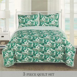 3 Piece Quilted Bedspread Set - Floral / Botanical Bedding Set